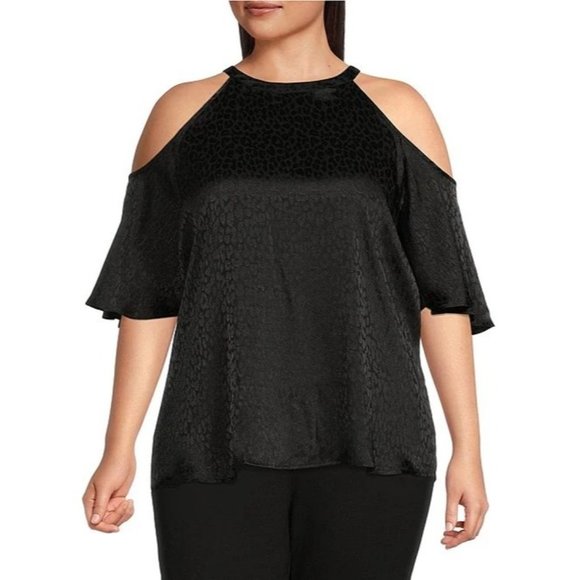 MICHAEL Michael Kors Cheetah Plisse Jacquard Chain Neck Cold-Shoulder Top Large - Picture 4 of 4
